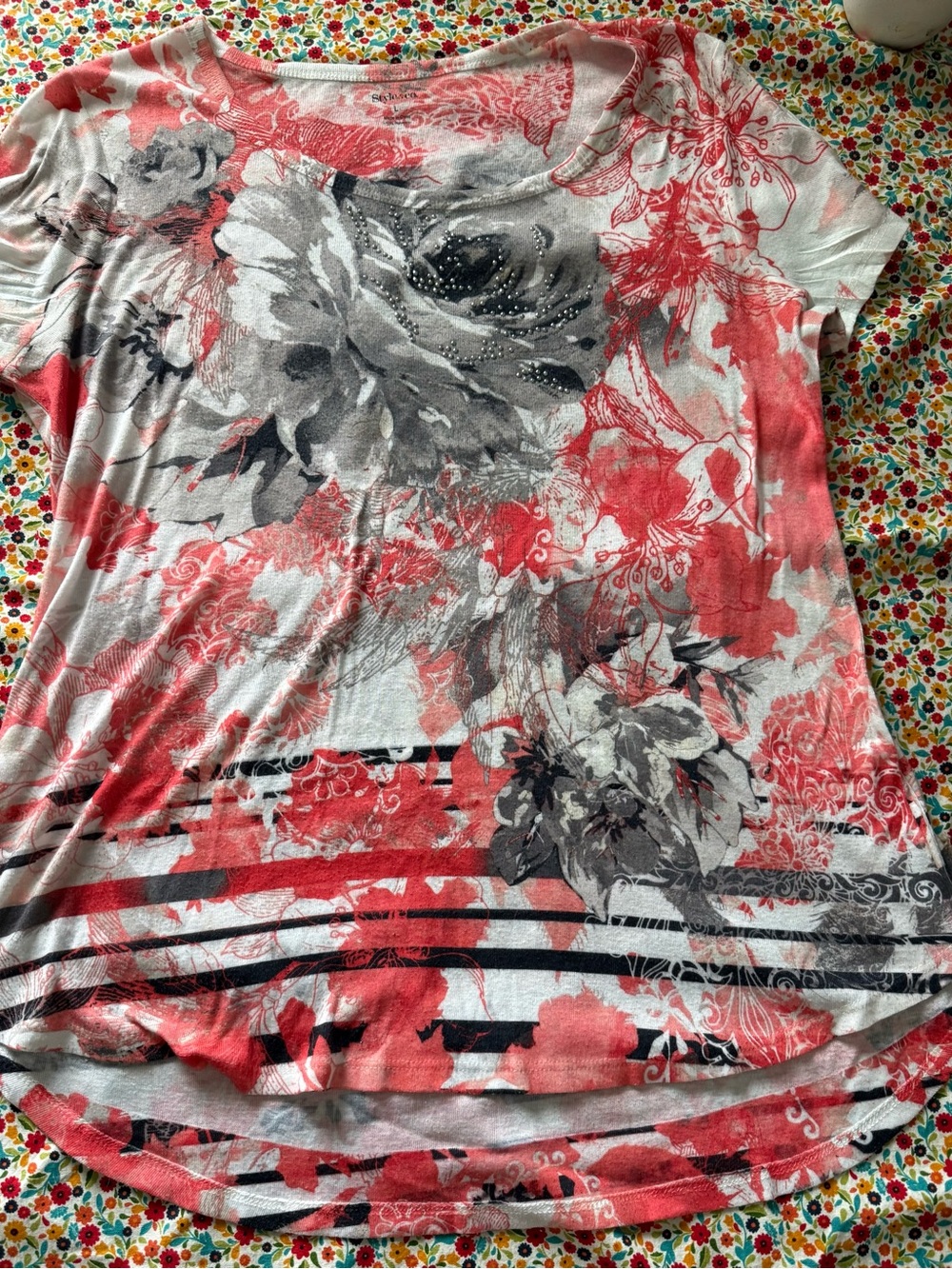 Style & Co. Coral and Gray Floral Scoop Neck Tee